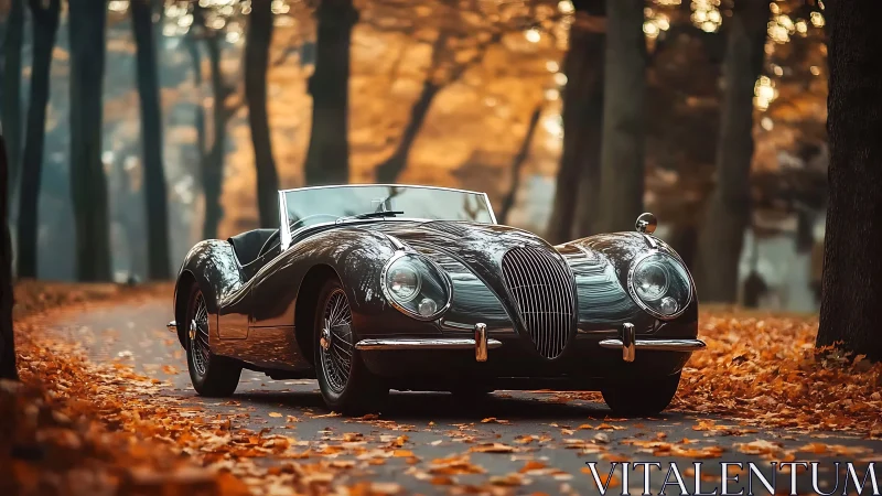 Classic roadster waits on autumn forest lane with leaves