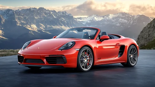 Red convertible sports car parked on mountain road.