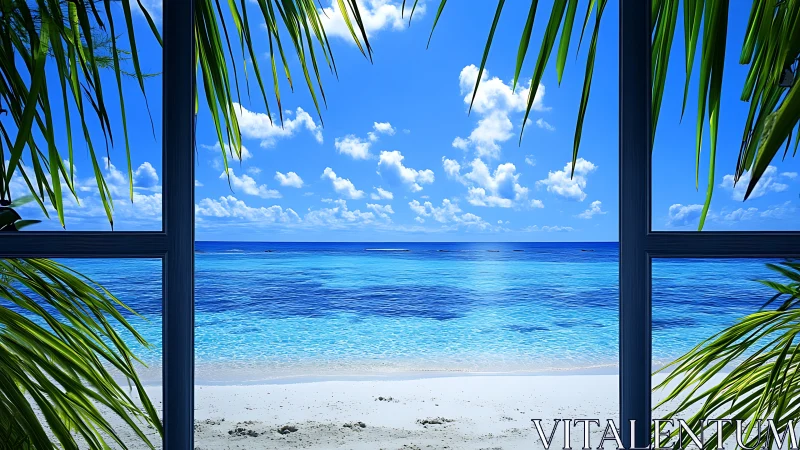 Framed tropical shoreline rendered in high-saturation digital realism