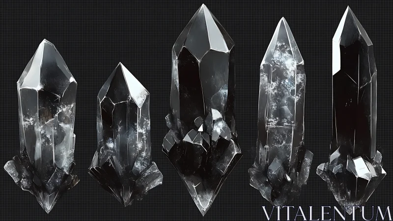 Procedural black quartz crystal cluster renders on grid background.