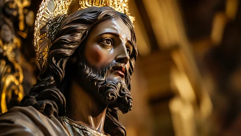 Regal wooden Christ sculpture glows in warm cathedral light.
