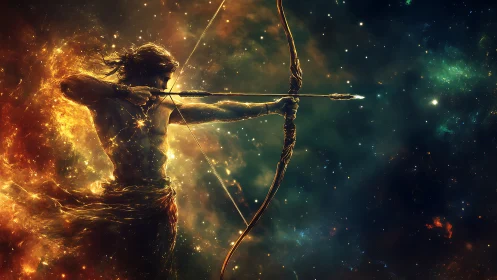 Fiery celestial archer drawing a glowing bow in space.