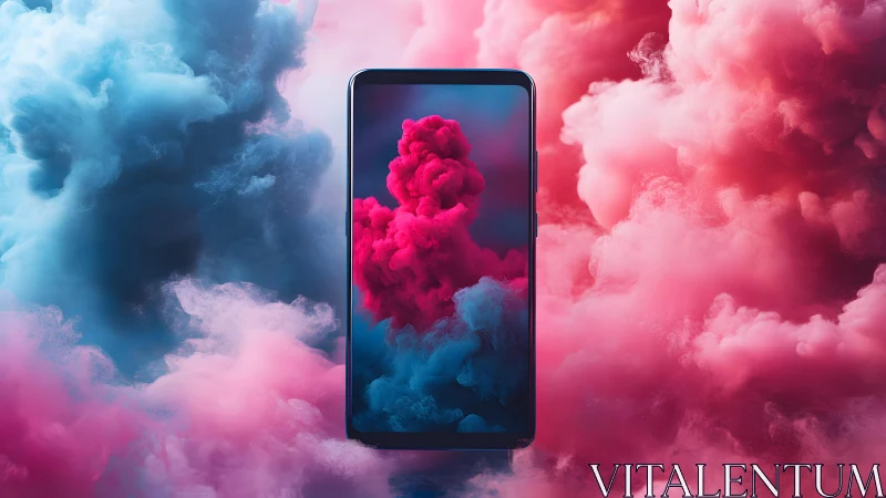 Modern smartphone in surreal cloudscape with vibrant pink and blue hues.