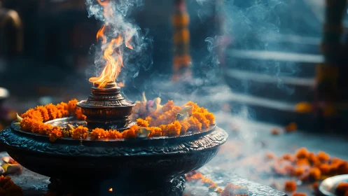 Sacred brass incense flame amid marigold offering wreath