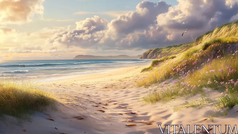 Sunlit sandy beach with grassy dunes and calm waves.