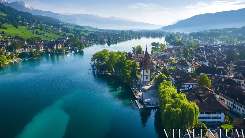 Lakeside village unfurls beneath misty alpine horizons.