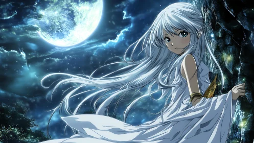 Silver haired girl in white garment under full moon sky.