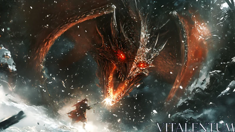Fiery dragon confronts lone warrior in a frozen mountain storm