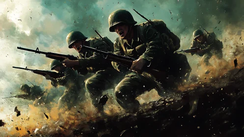 Charging infantry squad in explosive battlefield chaos.