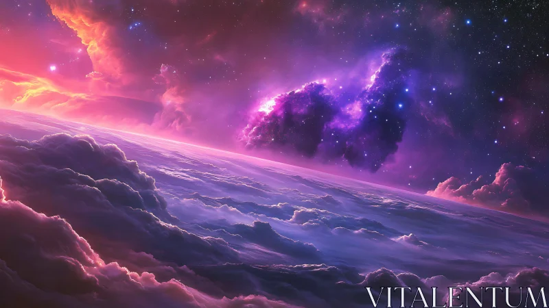 Curved planetary horizon beneath nebula and dense cloud field.