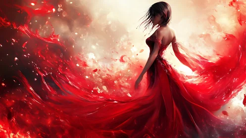Scarlet-clad woman dissolves into swirling light and embers