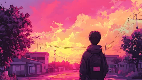 Solitary teen silhouette under vivid magenta sunset sky.