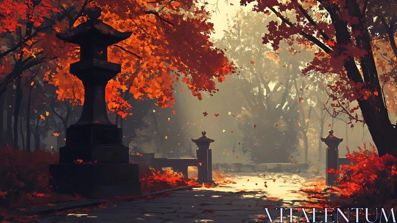 Autumn shrine pathway with stone lanterns in diffused backlight