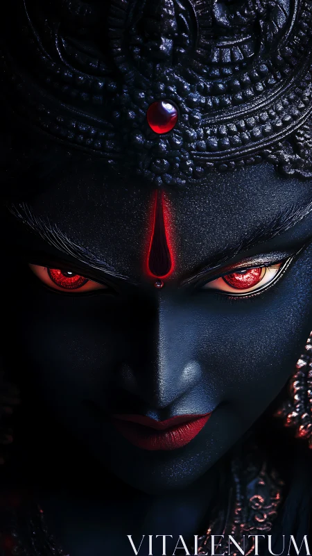 Dark blue deity face with red eyes and ornate headdress.