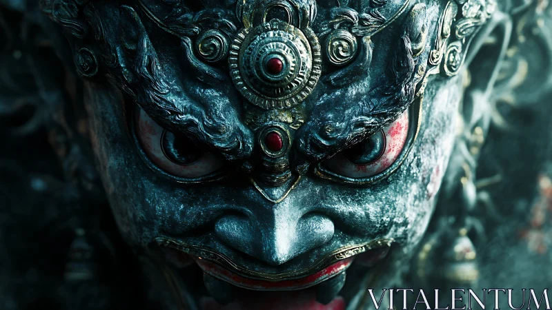 Baroque metallic demon mask rendered in cinematic 3D close-up