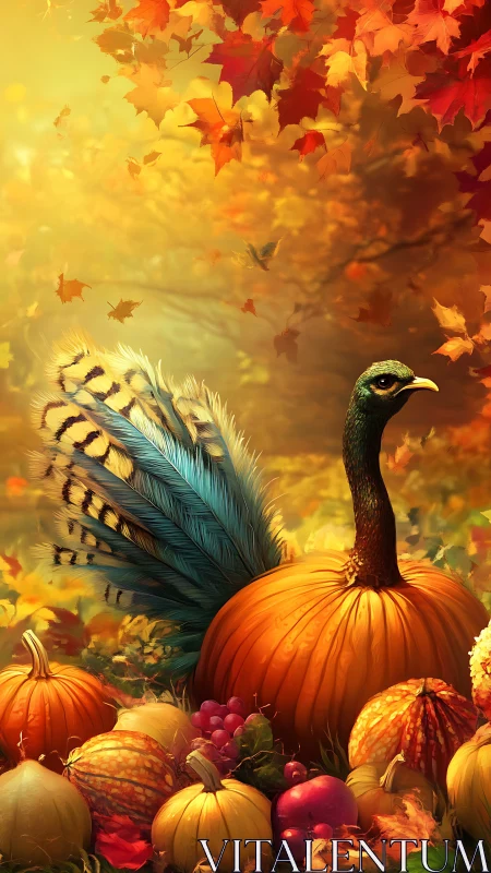 Autumn harvest peacock emerges from glowing pumpkin grove