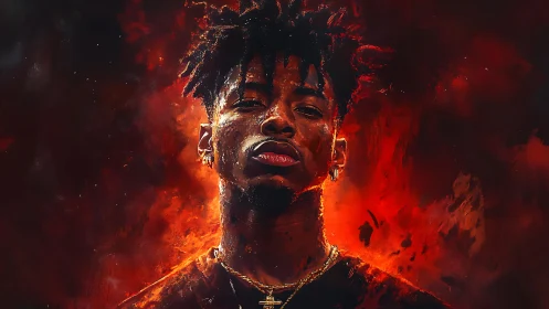 Fierce portrait glows in fiery reds and bold electric light