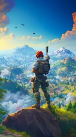 Solo ranger surveys vivid mountain battle landscape.