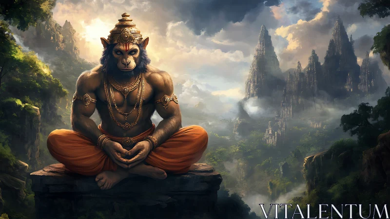 Monkey-headed deity meditates above misty jungle valley