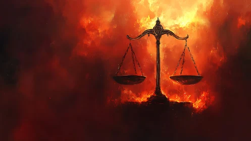 Scales of Justice Suspended Above Raging Inferno