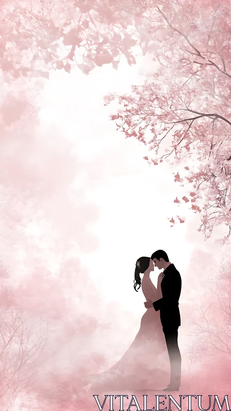 Couple in Pink Blossoms Landscape.
