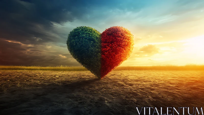 Dual-Toned Heart Emerges Desert Landscape Sunset.