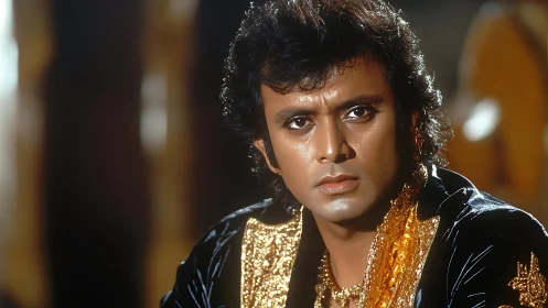 Regal man in velvet jacket gazes with intense expression.