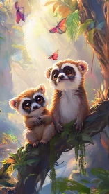 Gentle lemur buddies watching butterflies in sunlit jungle.