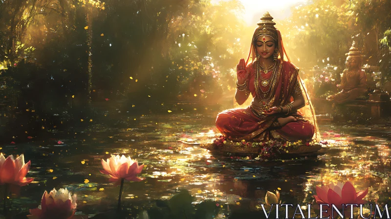 Divine goddess meditation on lotus pond under golden volumetric light.