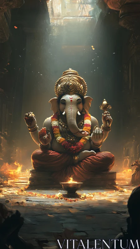 Digital depiction shows seated Ganesha statue in lit shrine