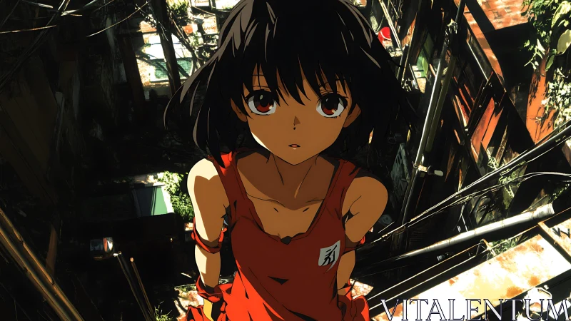 Anime girl stands in overgrown urban alley with cables