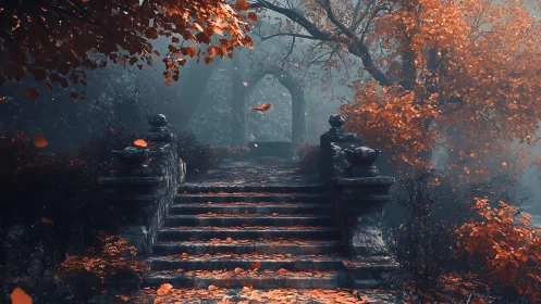 Stone staircase ascends toward archway in misty autumn grove