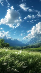 Digital rendering shows grassy valley with mountains under sky