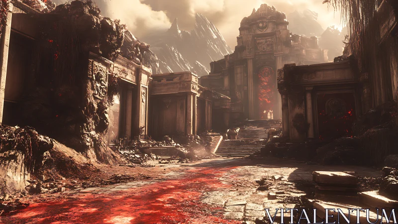 Ruined infernal temple with molten river in 3D environment design.