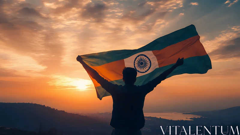 Silhouette holds Indian flag against radiant sunrise sky.