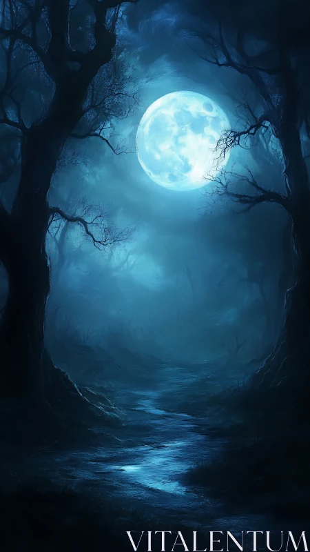 Moonlit forest path under dense trees and blue night sky.