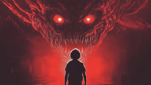 Child confronts colossal red demon in a nightmarish void