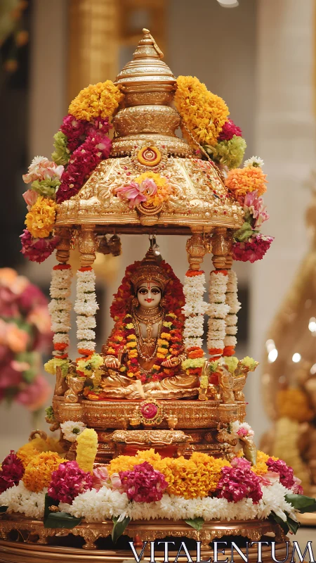 Golden Hindu deity shrine glows amid vibrant floral offerings