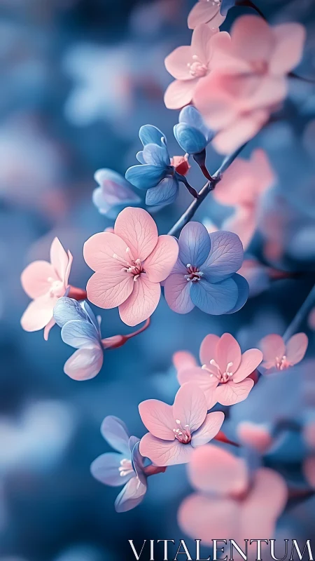 Pink and Blue Flowers on Branch Against Soft Bokeh