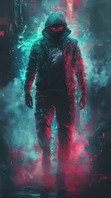 Hooded cyber figure walks through bicolored neon particulate fog