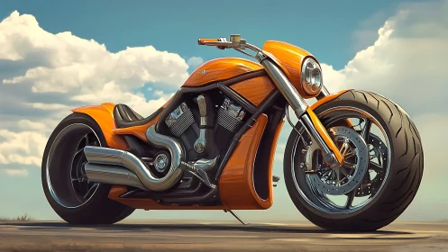 Low-angle render of orange custom V-twin cruiser with oversized tires