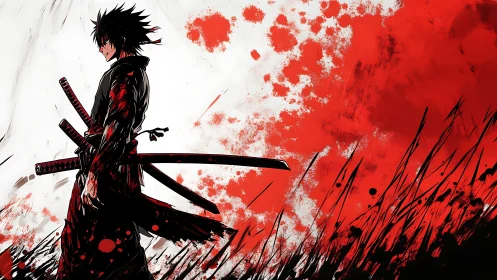Samurai silhouette with swords against red abstract field.