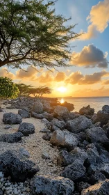 Molten coral path under a honeyfire ocean sunset sky.