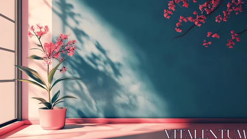 Soft daylight sculpts a potted bloom against teal interior wall