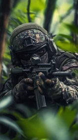 Calm soldier moves with focus through lush green jungle.