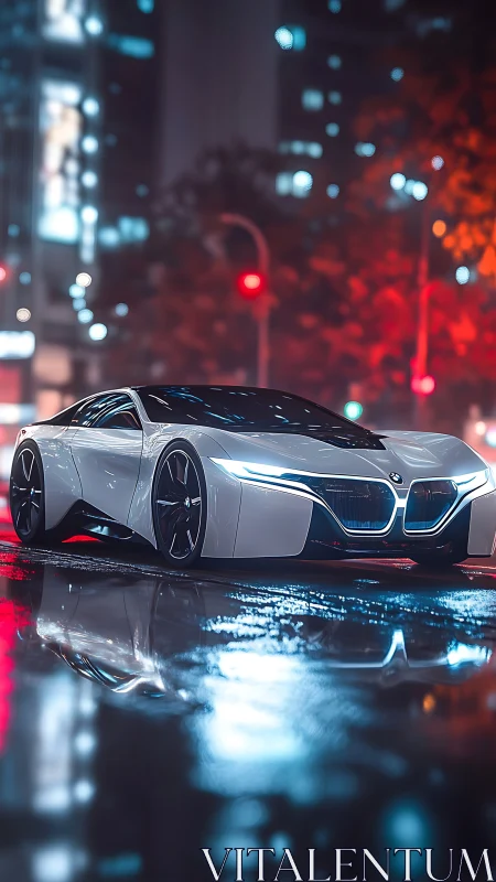 Futuristic white sports car stands on wet neon city street