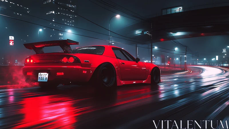 Red tuner coupe powers through neon-lit rainy expressway.