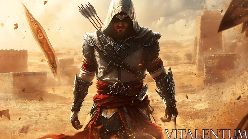 Hooded desert assassin striding through swirling sandstorm.
