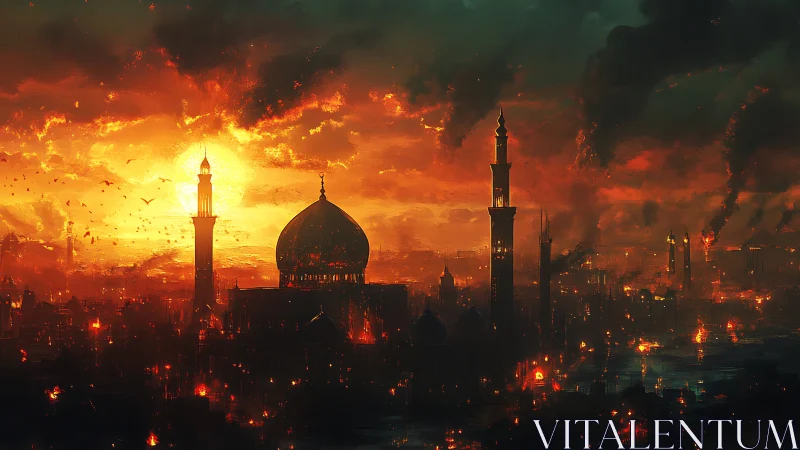 Islamic Urban Skyline Engulfed in Apocalyptic Firestorm.
