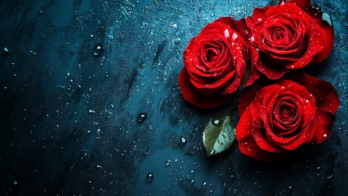 Red roses with water droplets on dark teal surface.